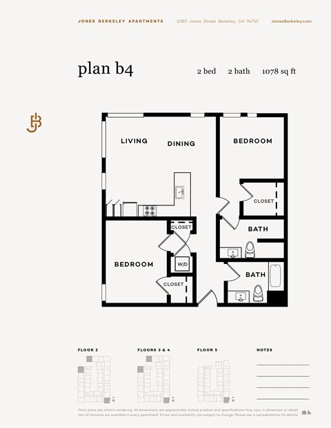 Floor plan for 2 beds, 2 baths, 1078 sqft